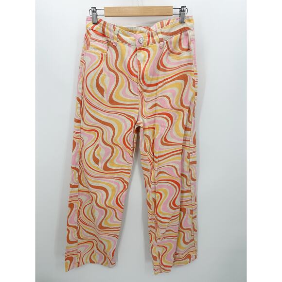 MRKT Jeans Women LARGE Orange Pink Marble Retro Ziggy Straight Leg High-Rise - Picture 1 of 10